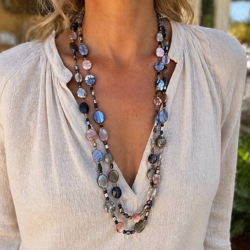 Artisan Shell Glass Filagree Metal Bead Long Necklace Coastal Boho Neutral 34”